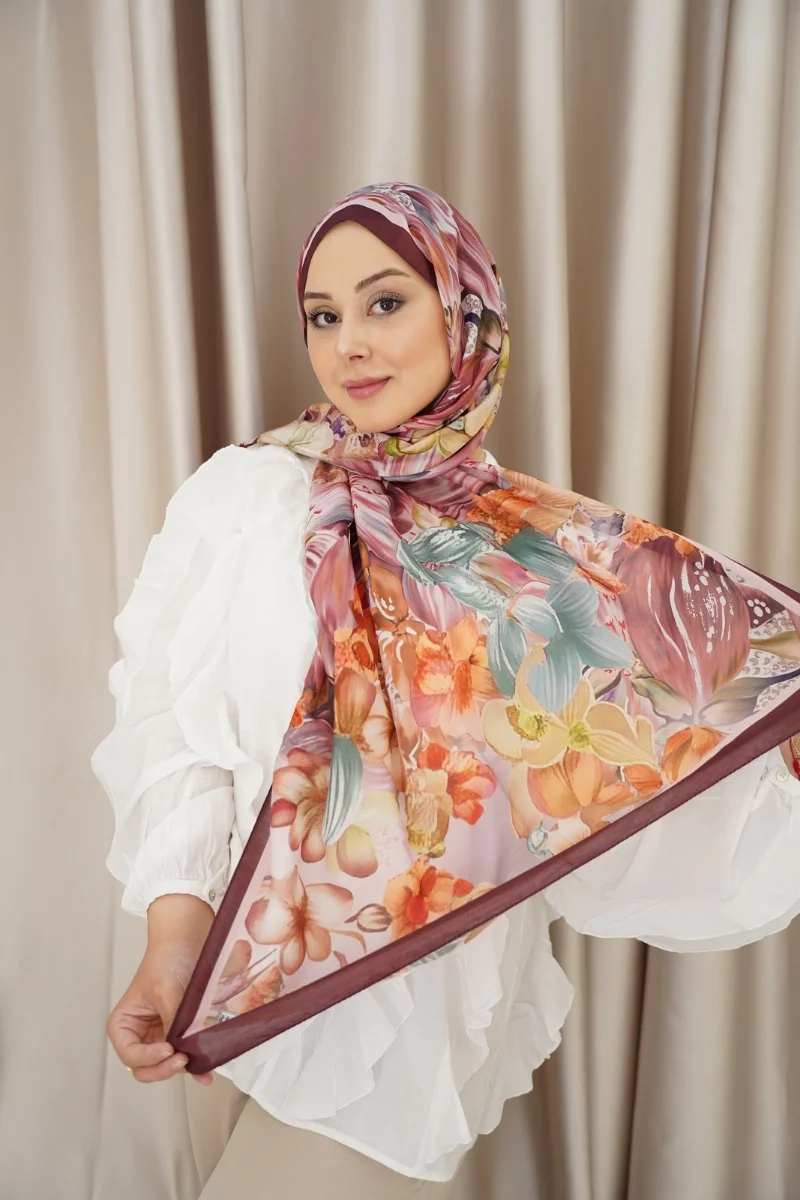 Lavanta Model Retro Desen Şal - Bordo kahve