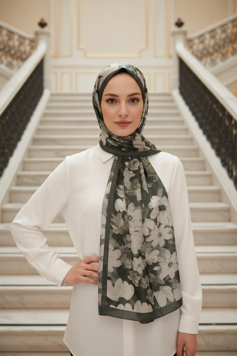 Flora Model Retro Desen Şal - Haki Yeşil